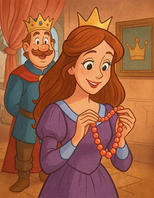 Król Karol bajka – królowa Karolina trzyma koralowe korale w komnacie