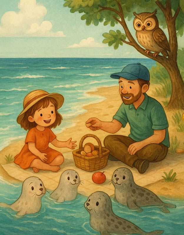 Ilustracja do opowiadania o Ani i morskich foczkach – bajka idealna na dobranoc.