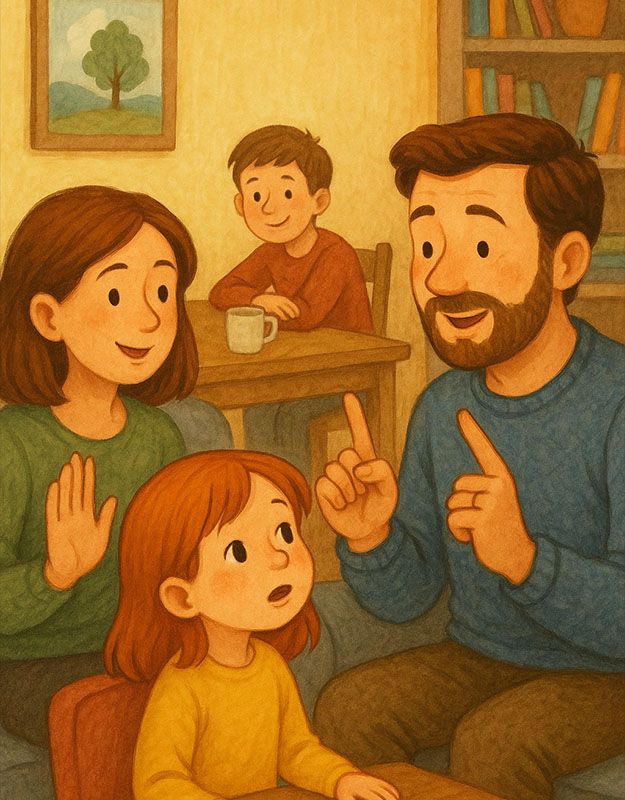 Rodzina rozmawia w kuchni – ilustracja do bajki z powiedzeniami