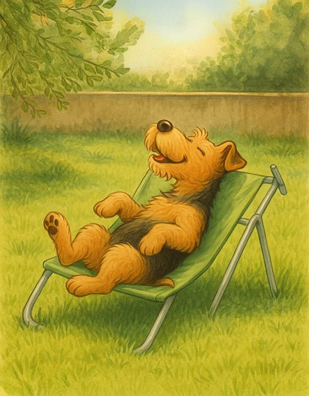 Ilustracja z bajki o psie Borysie odpoczywającym na zielonym leżaku