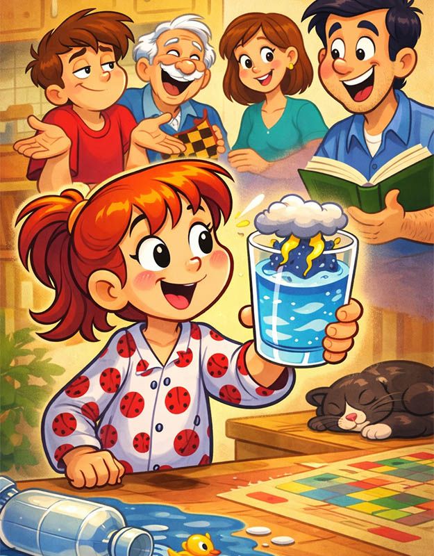 Ania pokazuje rodzinie szklankę z burzą w środku – ilustracja do bajki o powiedzeniu burza w szklance wody