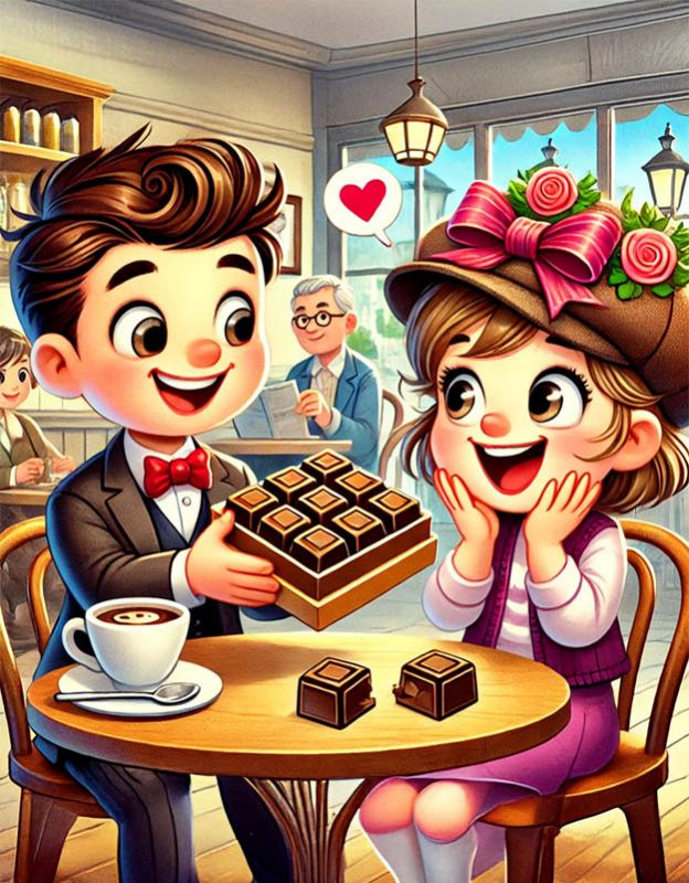 Kolorowa ilustracja z bajki o Franku i Tomaszu – czekoladowy psikus przed randką.