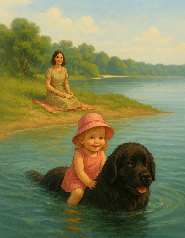 Dziewczynka płynie na psie w jeziorze – scena z bajki dla dzieci