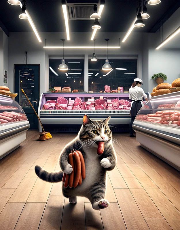 Zabawna historia o kocie, który próbuje wykraść mięso w sklepie.