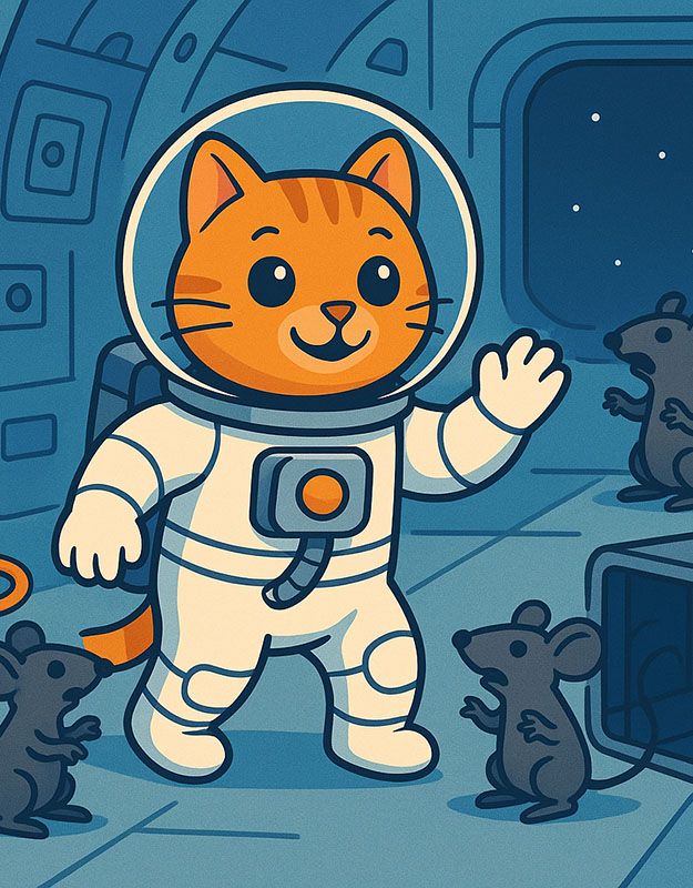 kot Komandor Puszek w skafandrze kosmicznym i uciekające myszy na stacji