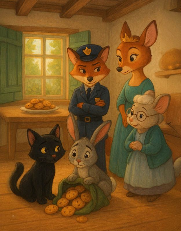 Ilustracja do bajki o Kocie i Króliku, którzy ukradli ciasteczka Babci Myszy