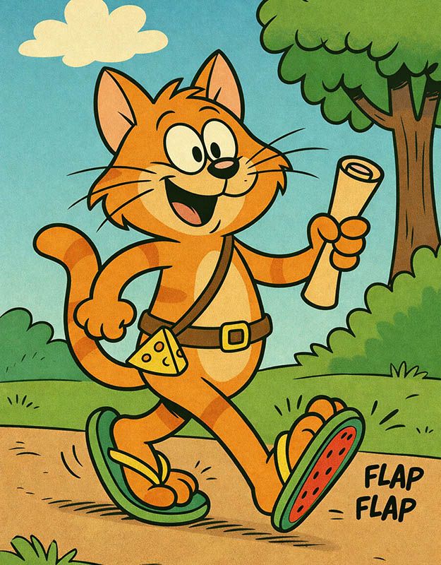 Wesoły kot w zielonych klapkach maszeruje ścieżką podczas zabawnej przygody