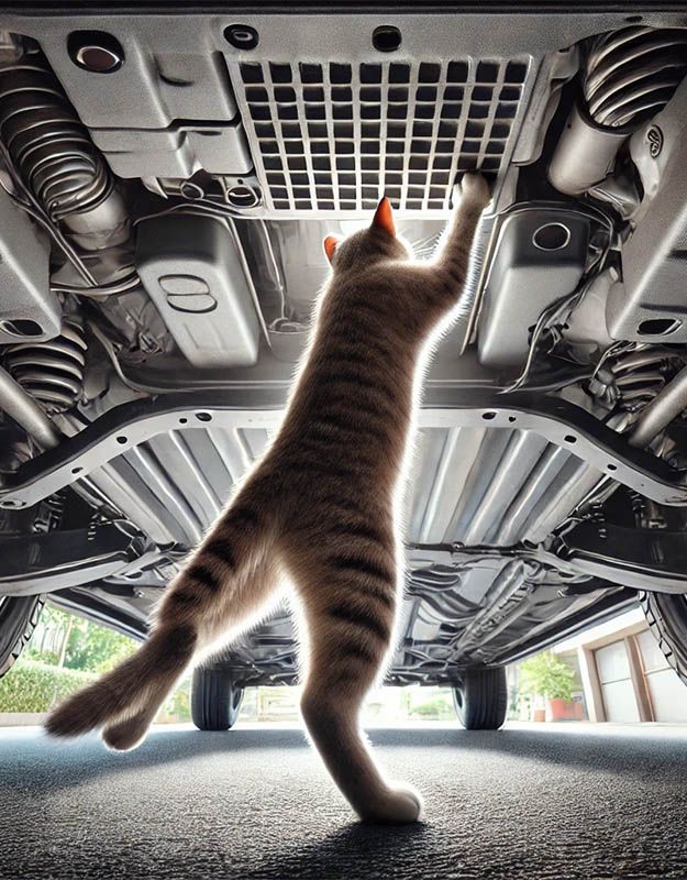 Ilustracja do bajki „Kocur na gigancie” – kot wchodzi do samochodu przez podwozie.