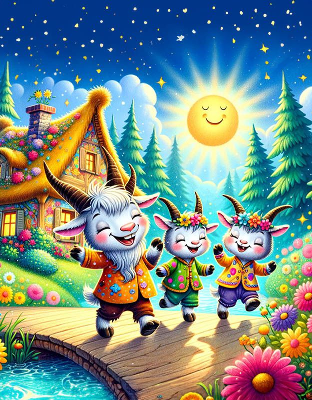 Trzy wesołe koziołki stawiają czoła złemu trollowi.