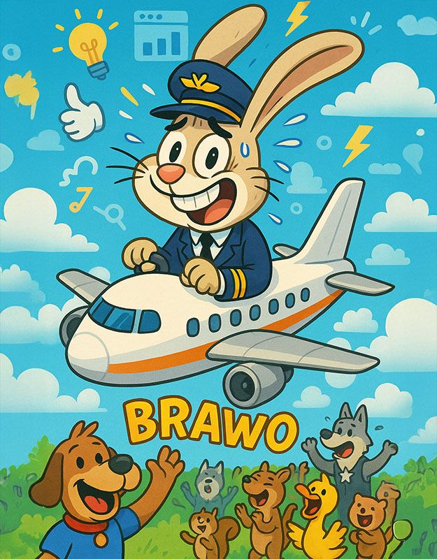 Królik Przemek jako pilot przed samolotem pasażerskim