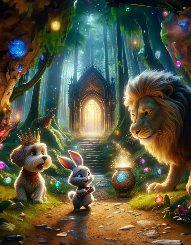 Króliczek, piesek i lew – magiczna przygoda w lesie.