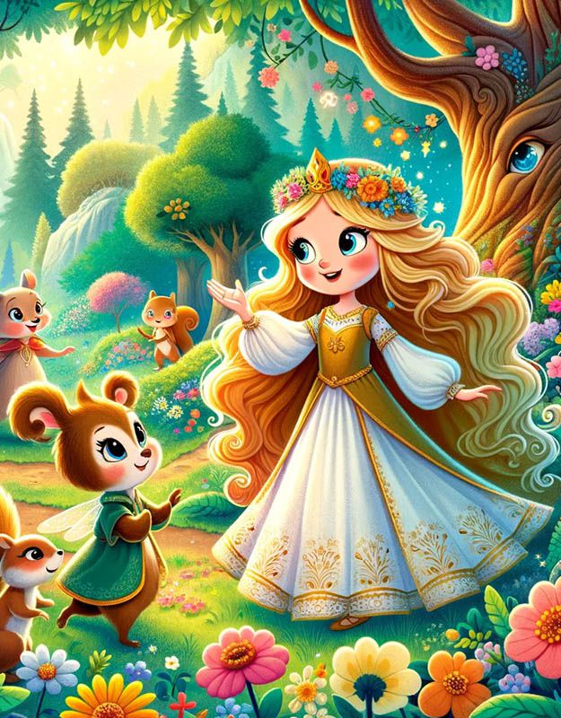 Księżniczka Złotowłosa rozwiązuje zagadkę tajemniczego lasu.