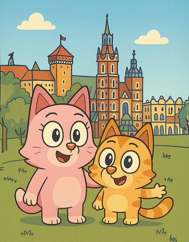 Leo i Mia – dwa koty zwiedzające Kraków. W tle Wawel, Kościół Mariacki i Sukiennice. Ilustracja do bajki dla dzieci.