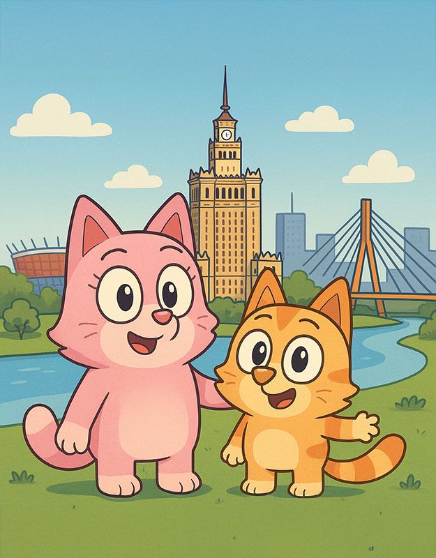 Leo i Mia – dwa koty zwiedzają Warszawę. W tle Pałac Kultury i pomnik Syrenki. Ilustracja do bajki edukacyjnej dla dzieci.