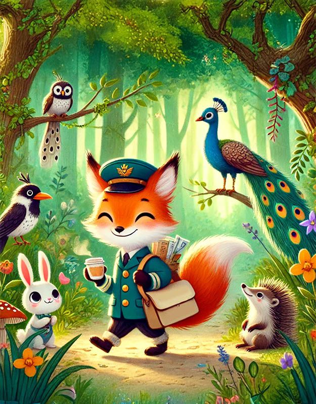 Kolorowa scena z bajki o małym lisie-listonoszu w lesie pełnym przyjaciół.