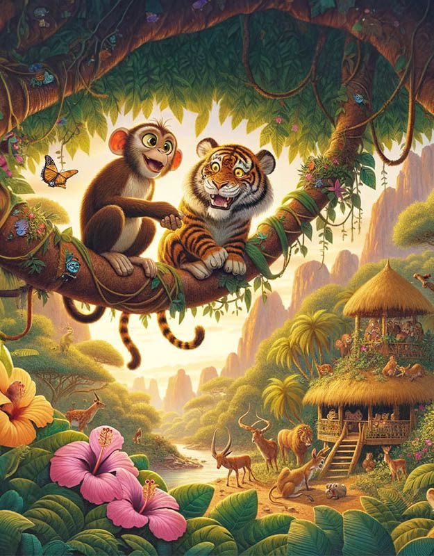 Figlarne małpki w dżungli przeżywają niesamowite przygody.