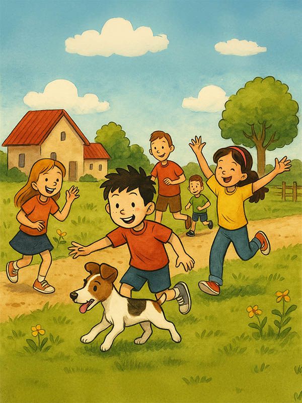 Ilustracja do bajki o Marku Gengarku i jego psie foxterierze – przygody dzieci na wsi