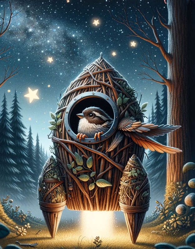 Wróbelek Wojtek marzy o podboju kosmosu i gwiazd.