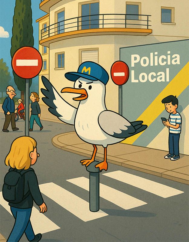 Ilustracja z bajki dla dzieci o mewie kierującej ruchem przed komisariatem.