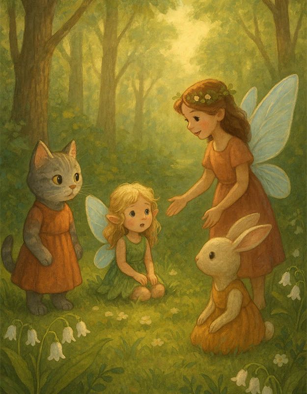 Mira i Mija znajdują zagubioną wróżkę – ilustracja do bajki dla dzieci.