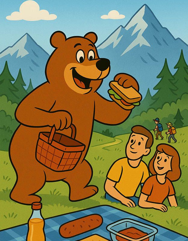 Miś Tadzik podkrada kanapkę z pikniku w Tatrach