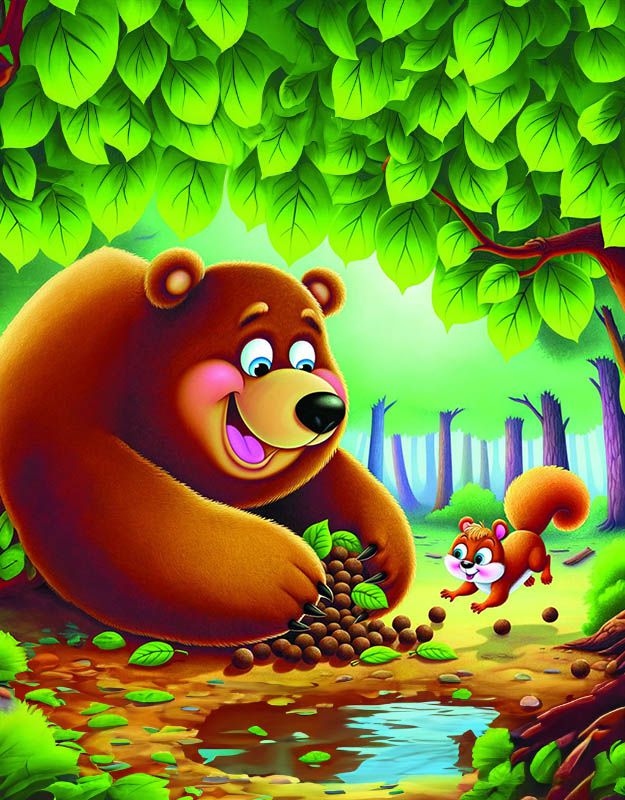 Miś Zdzisiek poznaje wiewiórkę Amelkę w lesie.