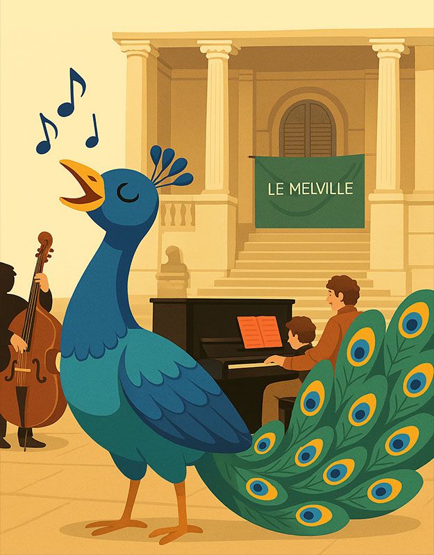 Paw śpiewający za pianistą i kontrabasistą w centrum miasta