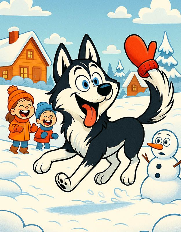 Wesoły pies haski Hassi biegnie po śniegu z czerwoną rękawicą na ogonie, dzieci śmieją się w tle