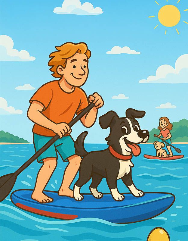 pies na desce SUP podczas wakacyjnej przygody nad morzem z właścicielem