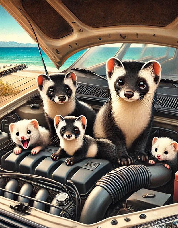 Rodzina kun przeżywa przygody od silnika po morskie fale.