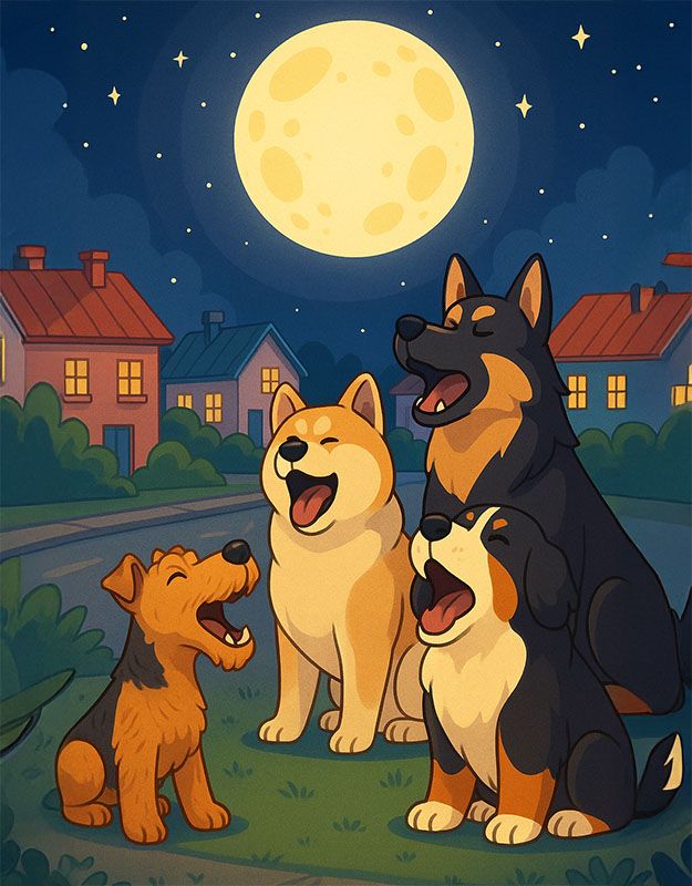 Psy szczekają pod księżycem w nocnym miasteczku, tworząc hałaśliwy psi koncert.