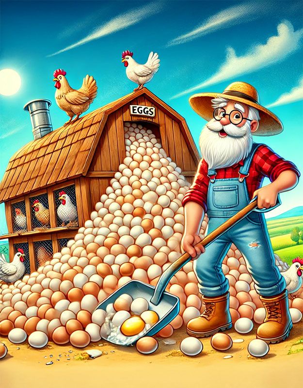 Ilustracja dziadka rolnika odgarniającego jajka przed kurnikiem – bajka dla dzieci.