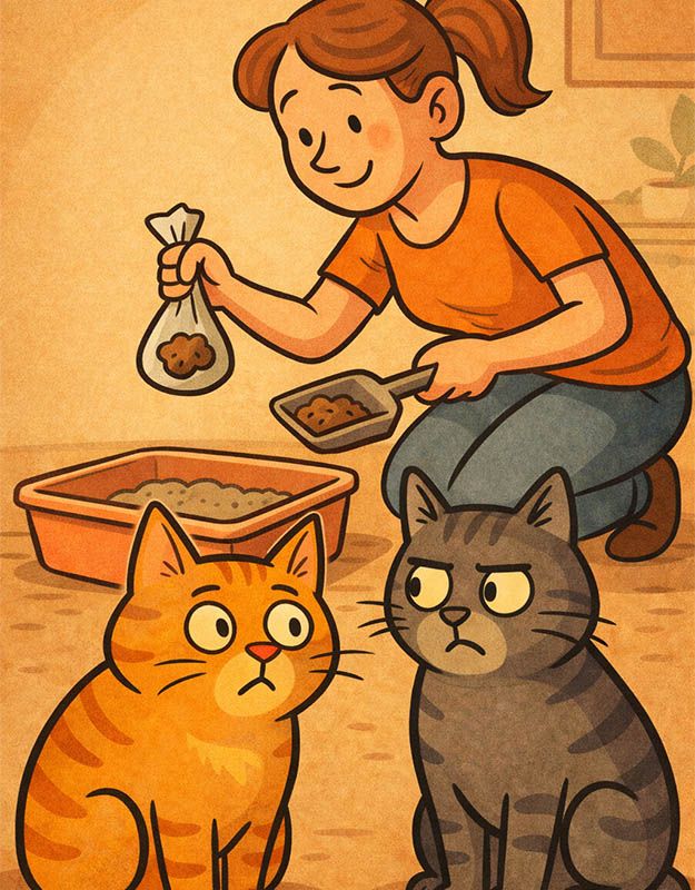 śmieszna bajka o kotach obserwujących sprzątanie kuwety