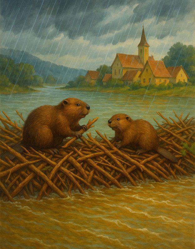 Bobry pracują przy tamie ratującej wioskę