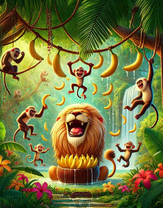 Bajkowa scena z koczkodanami na pierwszym planie, idealna do opowiadania dla dzieci.