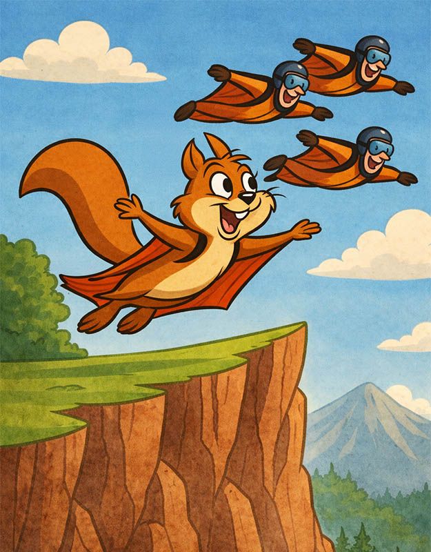 wiewiórka marzy o lataniu szybująca w kombinezonie nad górską skarpą