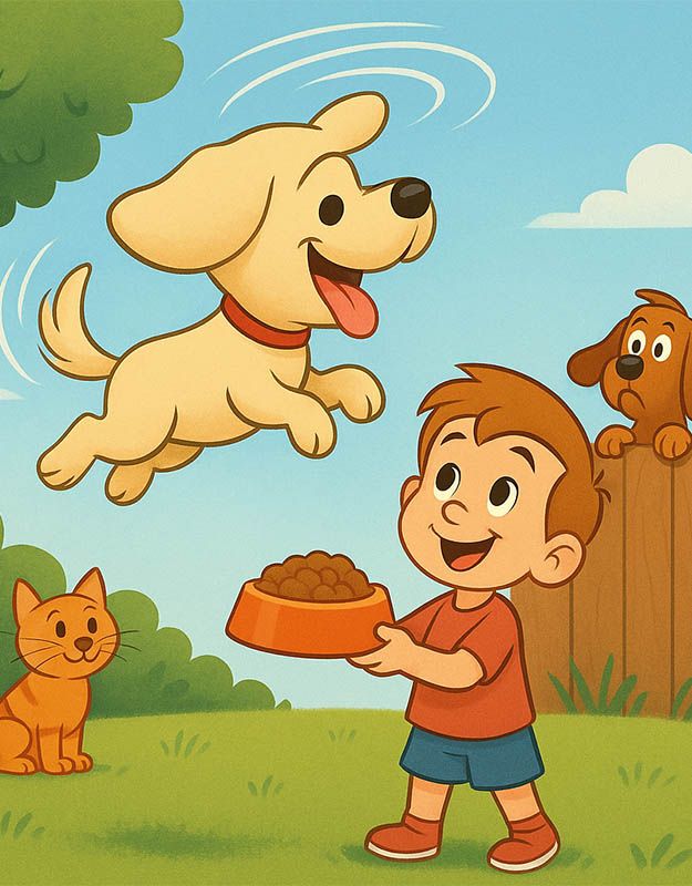 Zadko-kopter Czarusia – latający pies z wirującym ogonem nad ogrodem