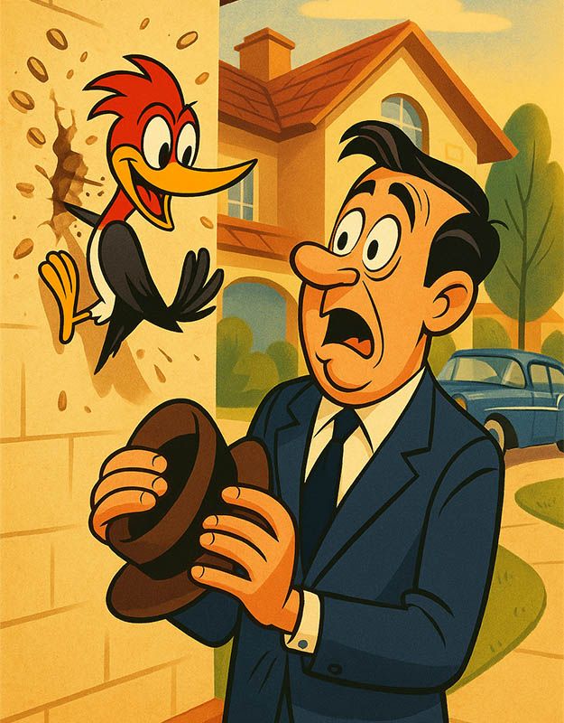 Zabawny dzięcioł stuka w dom bogatego pana, broniąc leśnych zwierząt po wycince drzewa