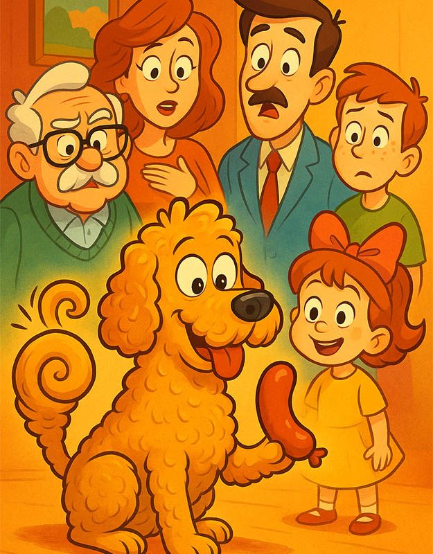 Uśmiechnięty labradoodle z wyprostowanym ogonem po zjedzeniu kiełbasy w otoczeniu rodziny