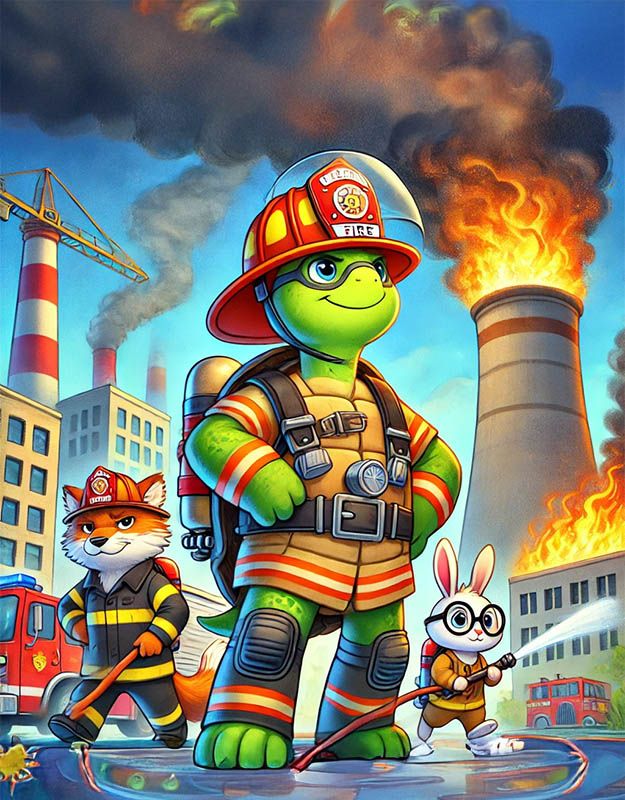 Bohaterski żółw strażak Leon i jego drużyna gaszą pożar – ilustracja do bajki dla dzieci.