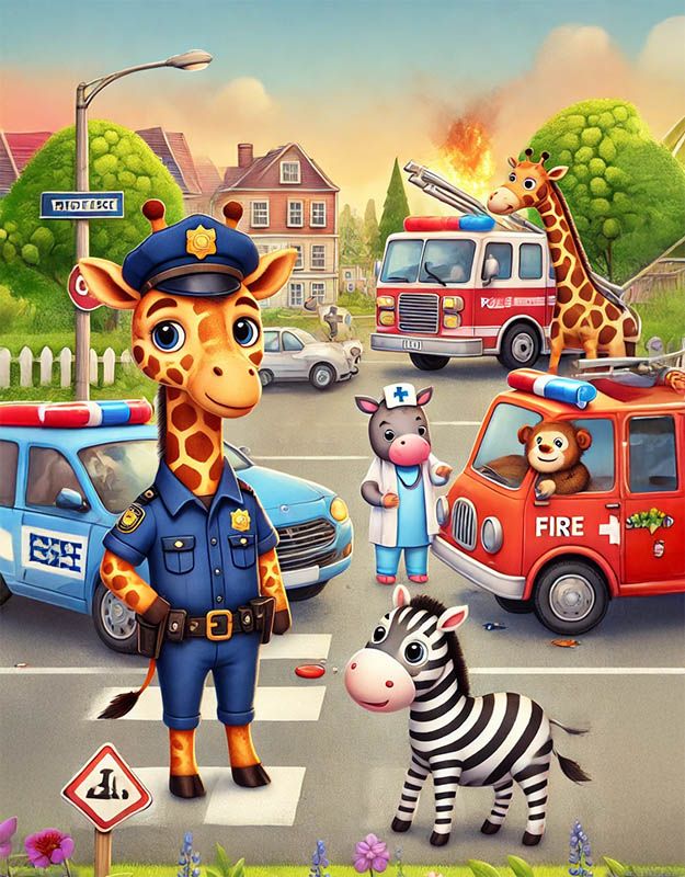 Ilustracja żyrafy policjanta pomagającego po stłuczce w bajce na dobranoc