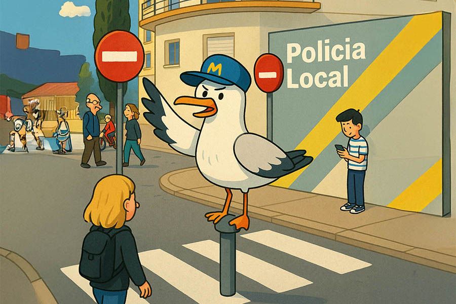 Zabawna scena z mewą na skrzyżowaniu, inspirowana bajką „Mewa Majka”.
