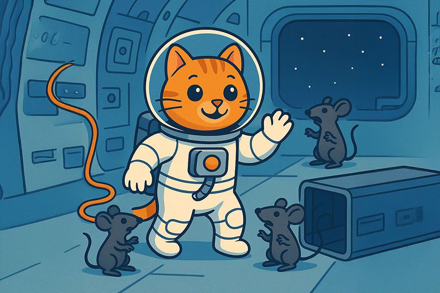 kot astronauta na stacji kosmicznej w bajce dla dzieci o misji ratunkowej