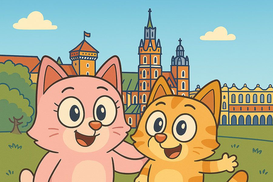 Edukacyjna bajka o kotach podróżujących po Krakowie. Ilustracja z zabytkami Krakowa w tle.