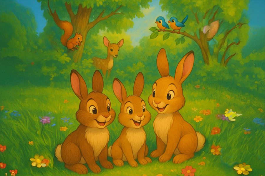 Bajkowe króliczki wśród kwiatów i zwierząt – ilustracja z opowiadania o leśnej przygodzie.