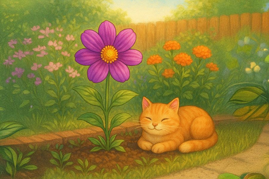 Ilustracja do bajki „Kwiatek z chodnika”, kwiatek i kot w ogrodzie – bajka dla dzieci.